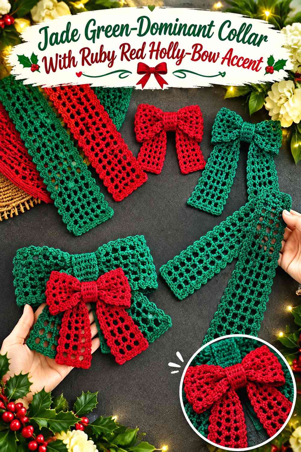 Jade Green-Dominant Collar With Ruby Red Holly-Bow Accent