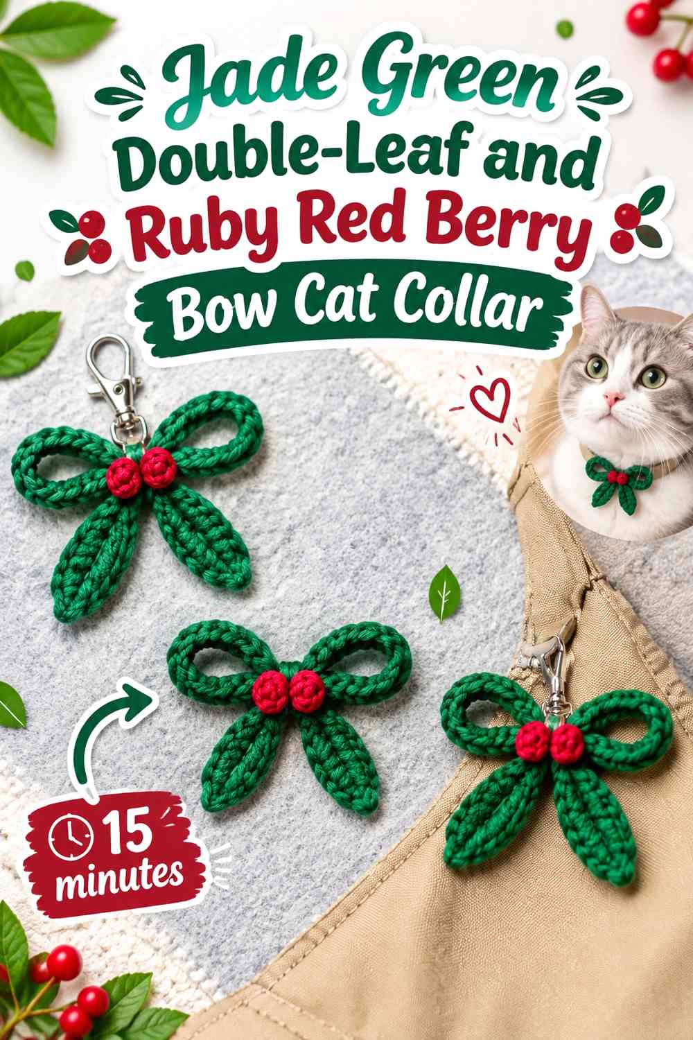 Jade Green Double-Leaf and Ruby Red Berry Bow Cat Collar