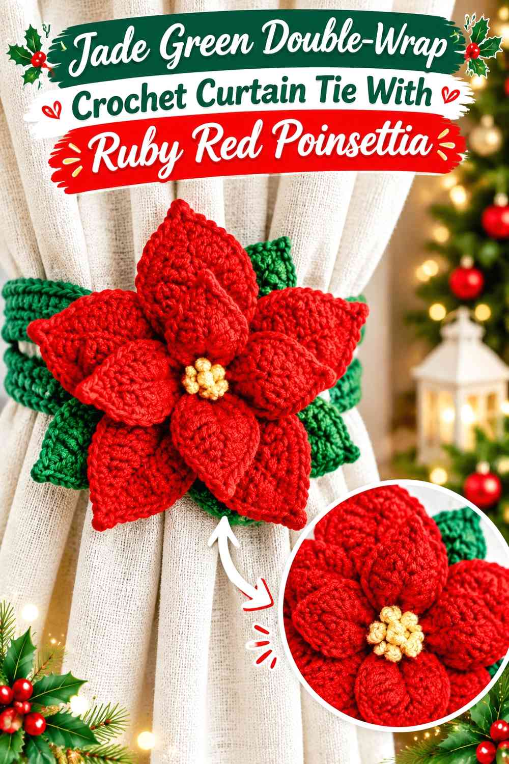 Jade Green Double-Wrap Crochet Curtain Tie With Ruby Red Poinsettia