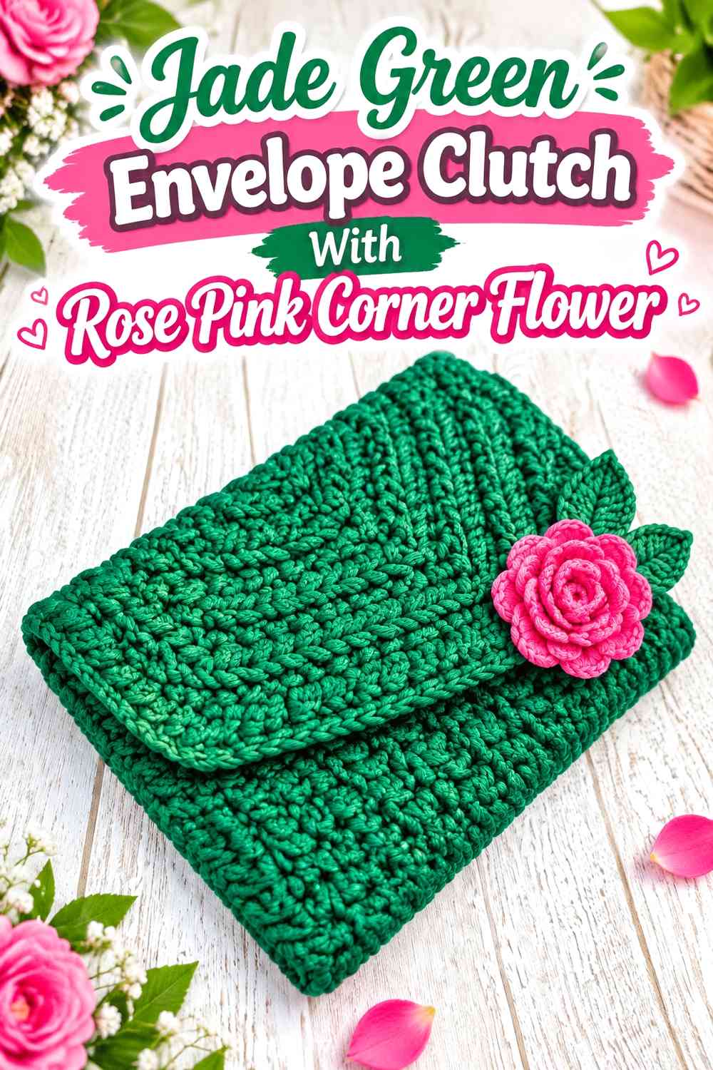 Jade Green Envelope Clutch With Rose Pink Corner Flower