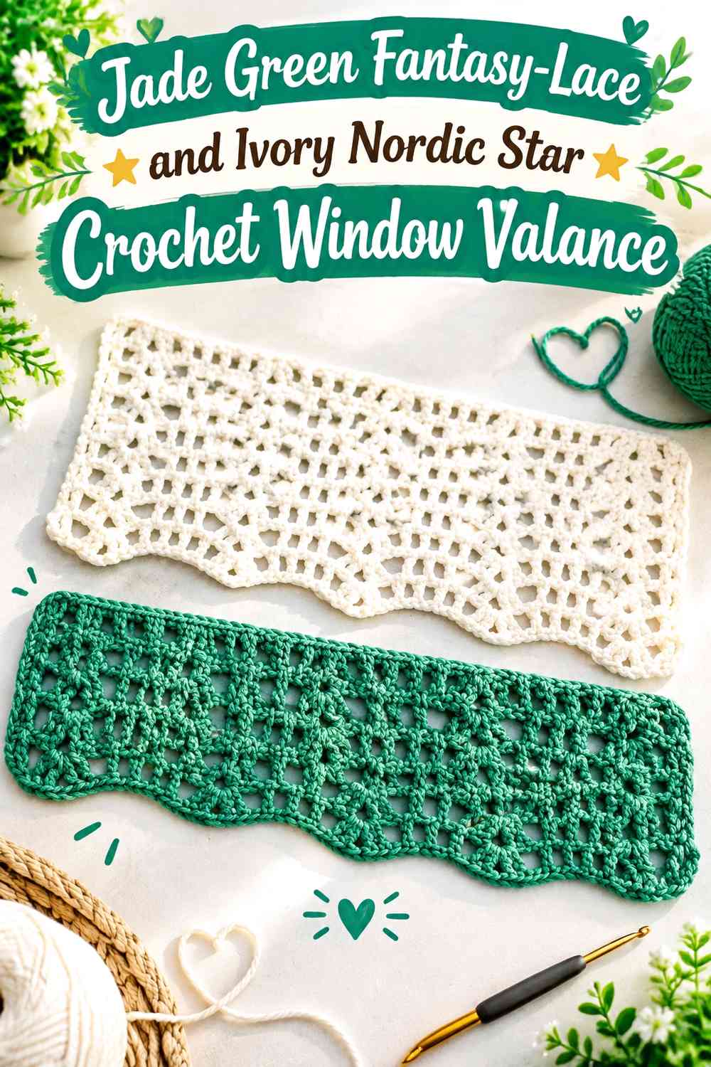 Jade Green Fantasy-Lace and Ivory Nordic Star Crochet Window Valance