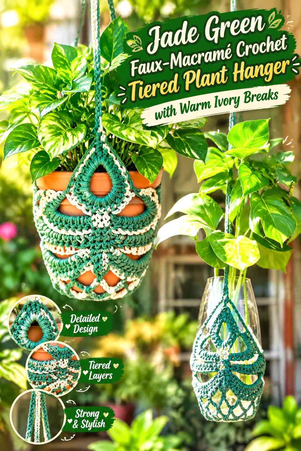 Jade Green Faux-Macramé Crochet Tiered Plant Hanger with Warm Ivory Breaks