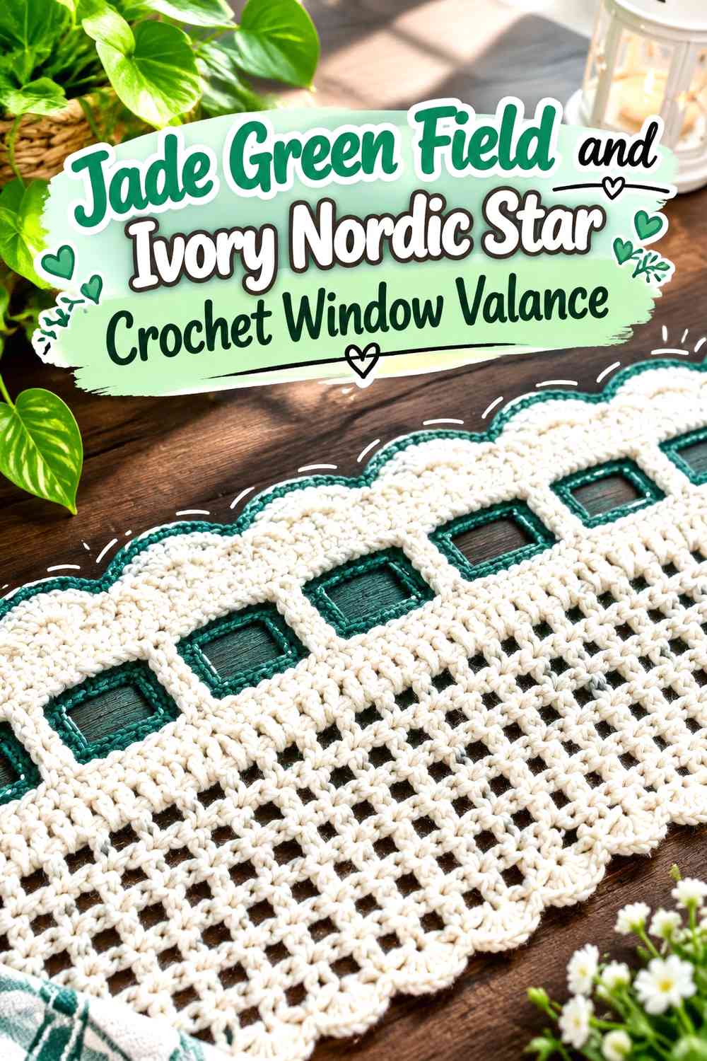 Jade Green Field and Ivory Nordic Star Crochet Window Valance