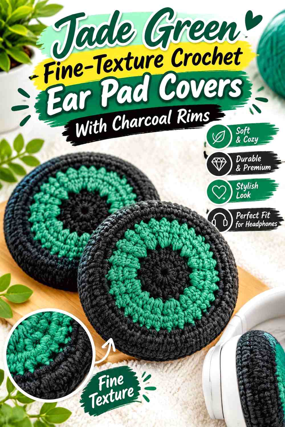 Jade Green Fine-Texture Crochet Ear Pad Covers With Charcoal Rims