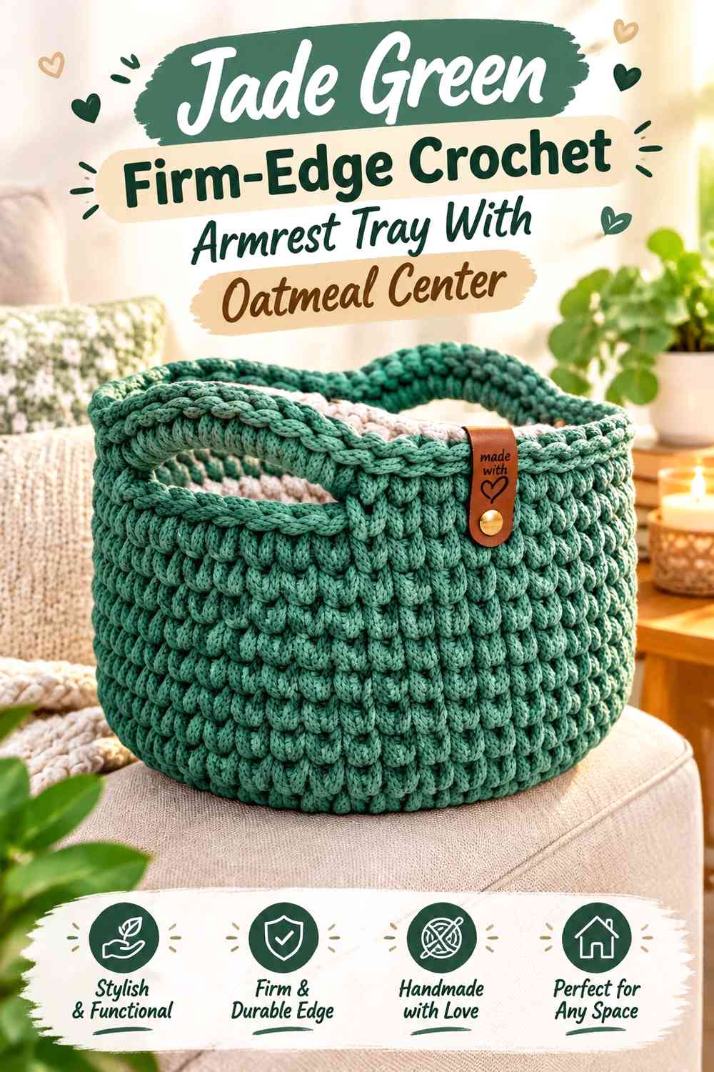 Jade Green Firm-Edge Crochet Armrest Tray With Oatmeal Center