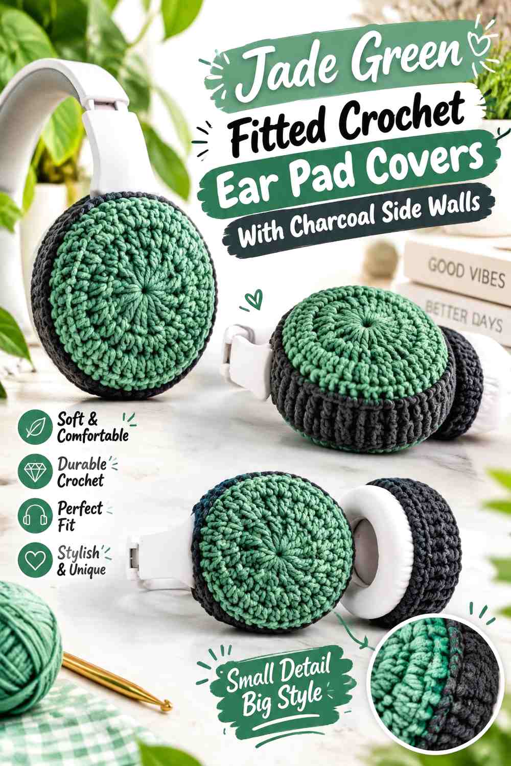 Jade Green Fitted Crochet Ear Pad Covers With Charcoal Side Walls