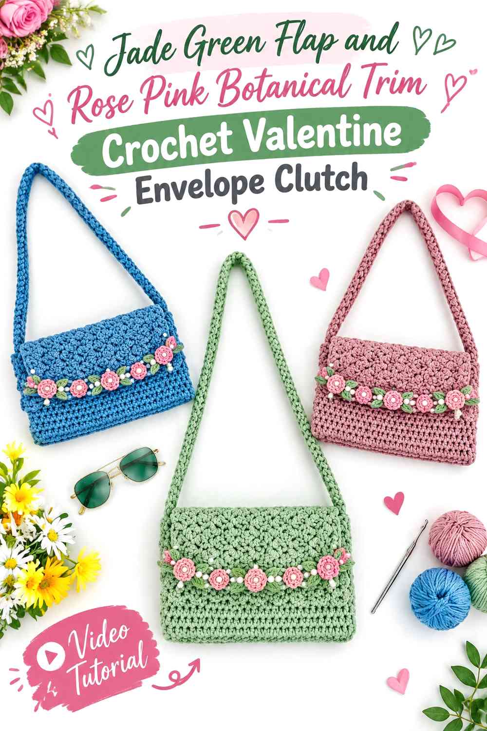 Jade Green Flap and Rose Pink Botanical Trim Crochet Valentine Envelope Clutch