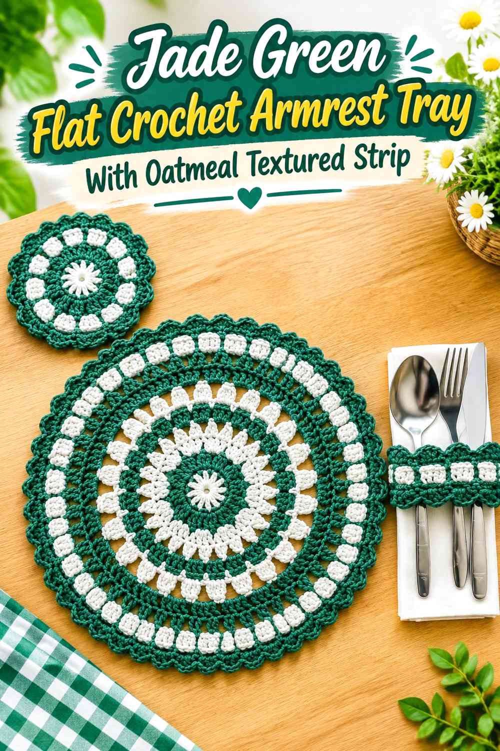Jade Green Flat Crochet Armrest Tray With Oatmeal Textured Strip