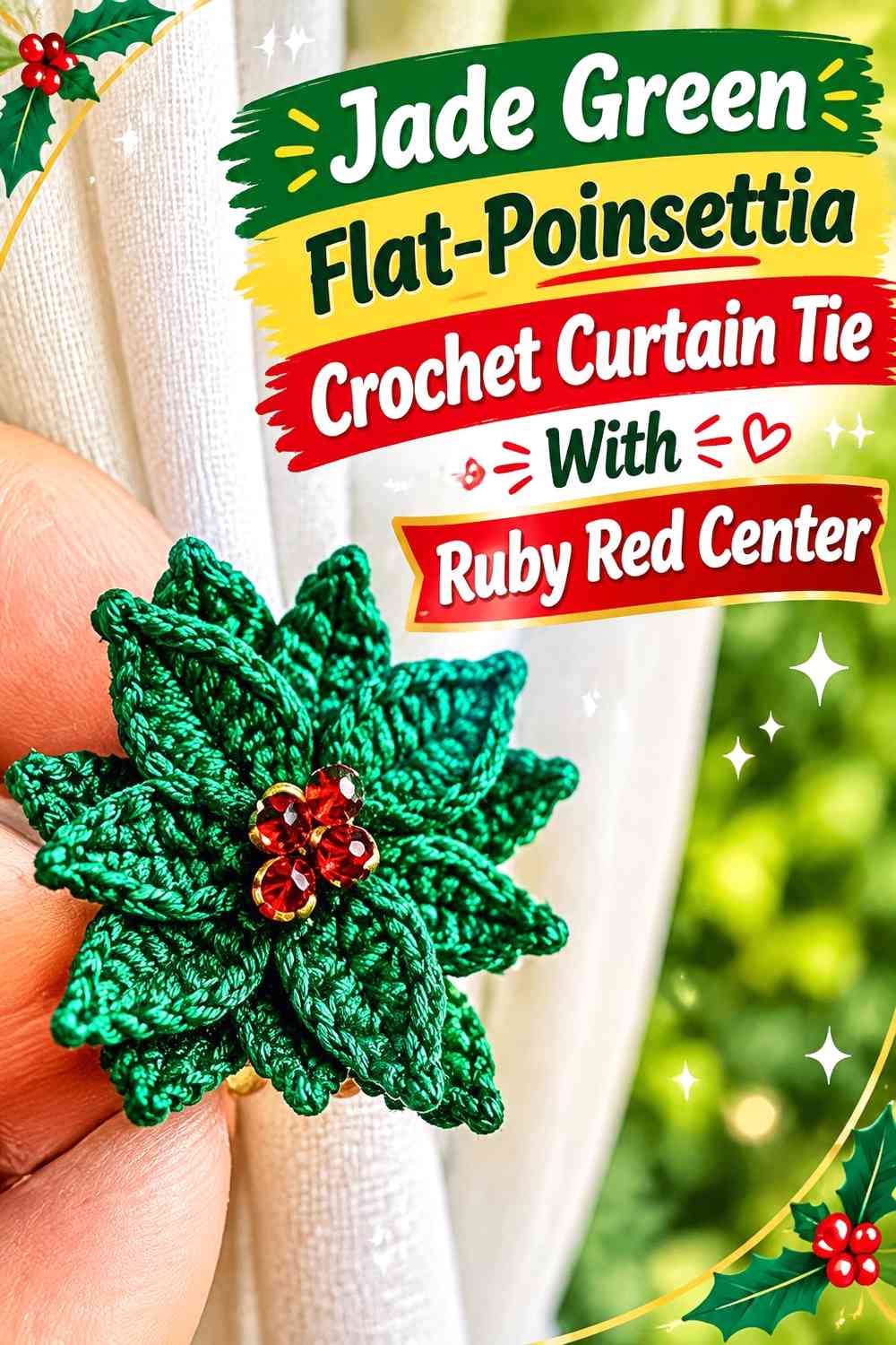 Jade Green Flat-Poinsettia Crochet Curtain Tie With Ruby Red Center