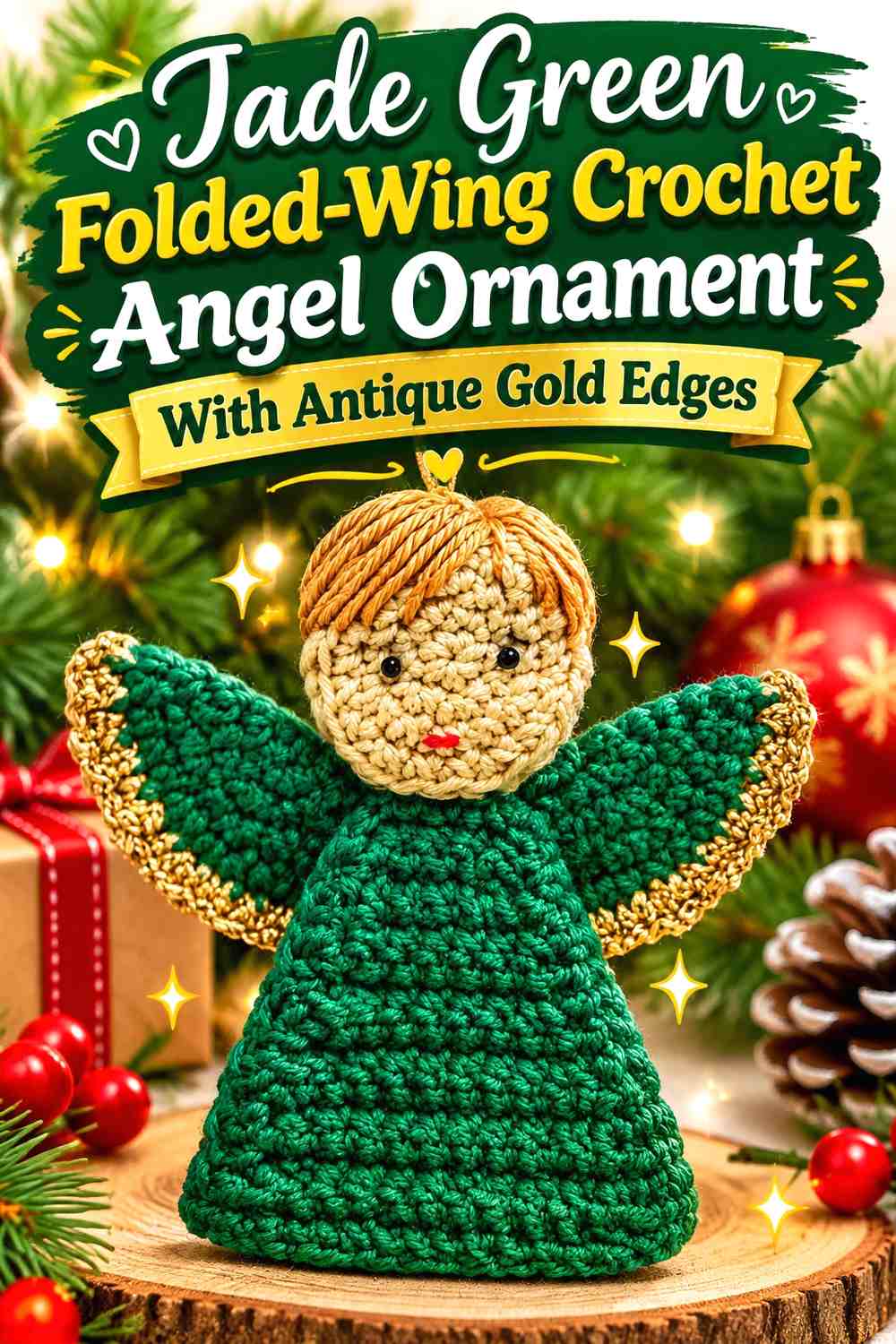 Jade Green Folded-Wing Crochet Angel Ornament With Antique Gold Edges