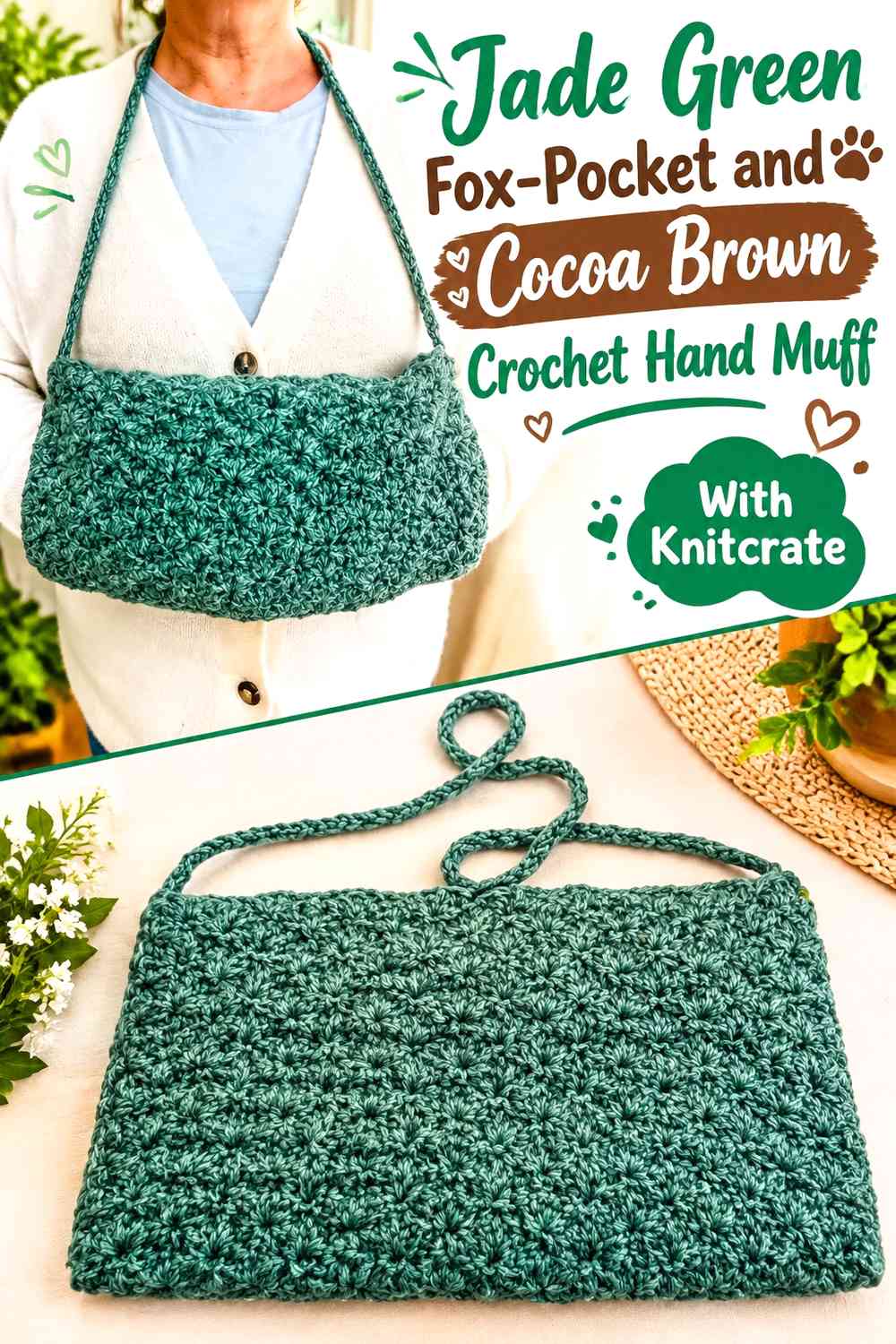 Jade Green Fox-Pocket and Cocoa Brown Crochet Hand Muff