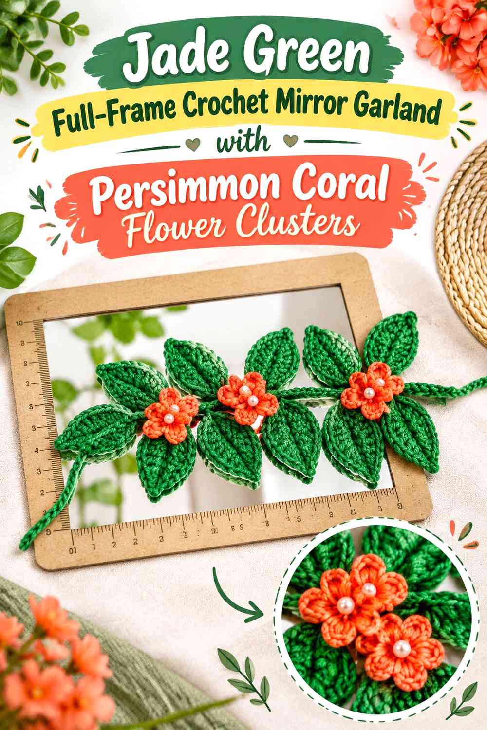 Jade Green Full-Frame Crochet Mirror Garland with Persimmon Coral Flower Clusters