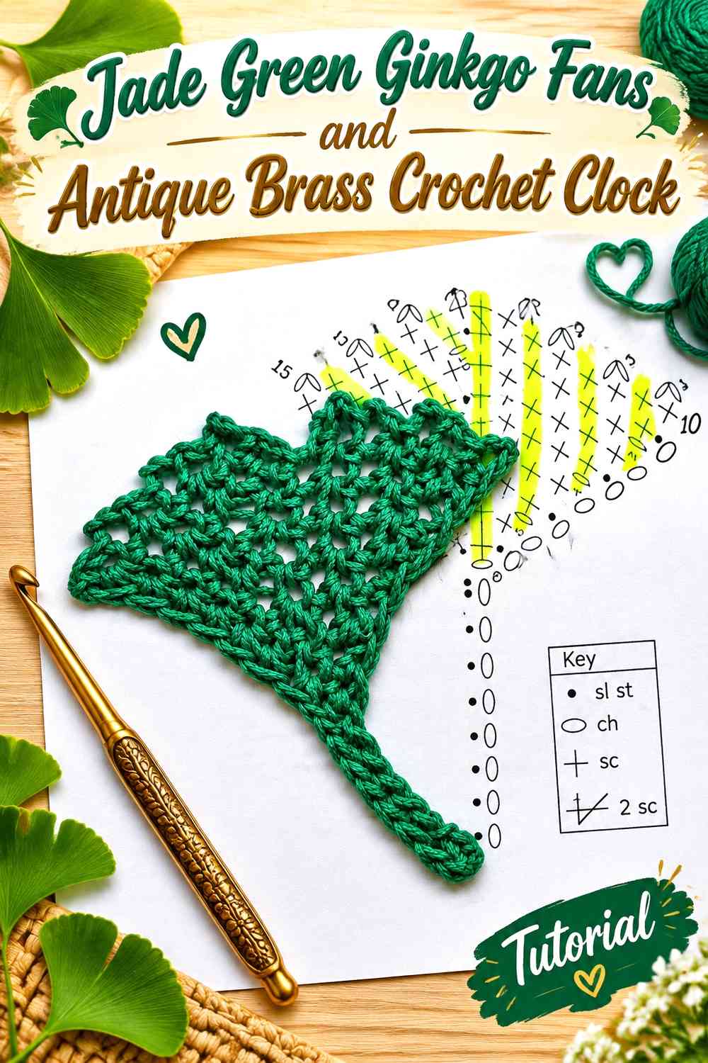 Jade Green Ginkgo Fans and Antique Brass Crochet Clock