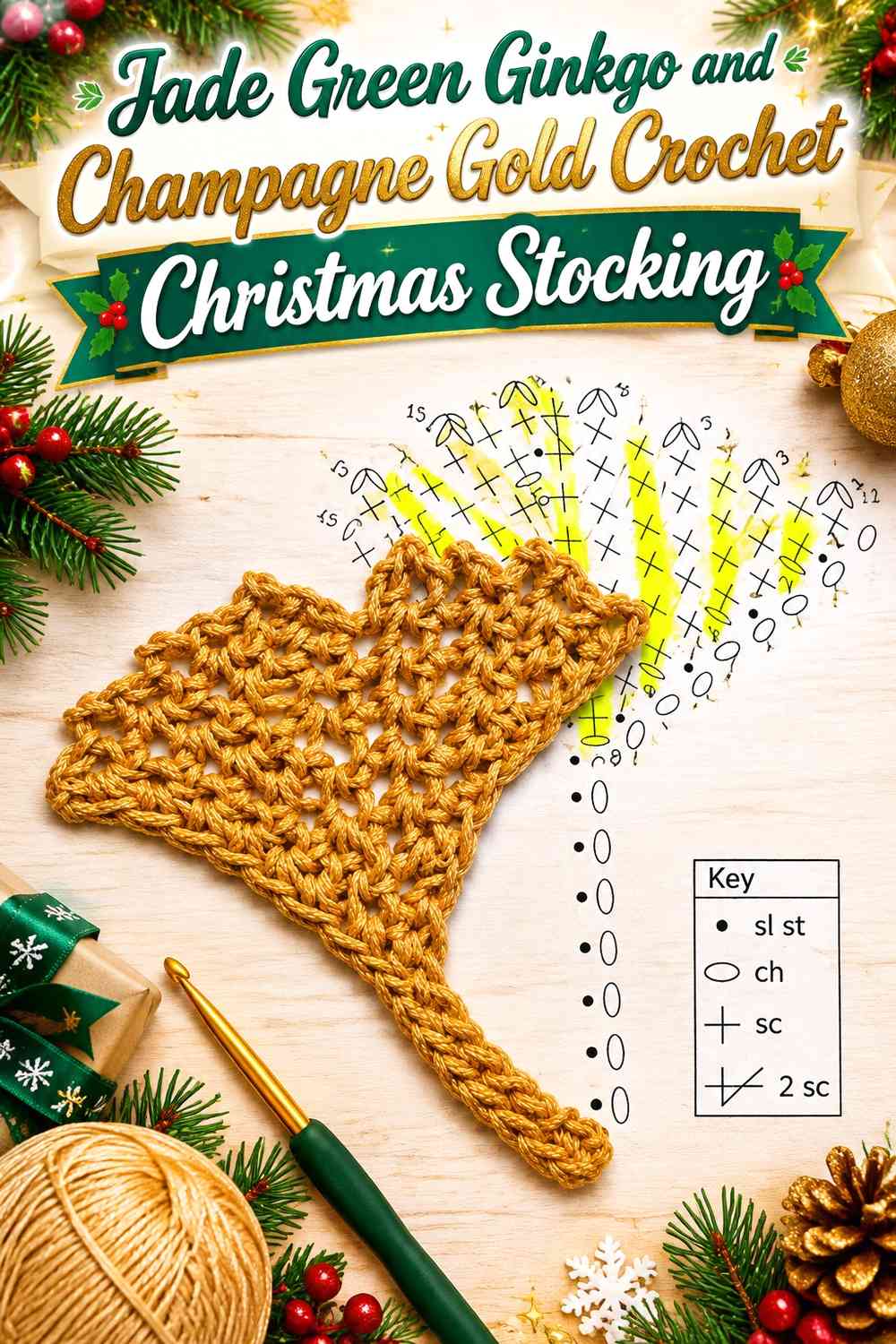 Jade Green Ginkgo and Champagne Gold Crochet Christmas Stocking