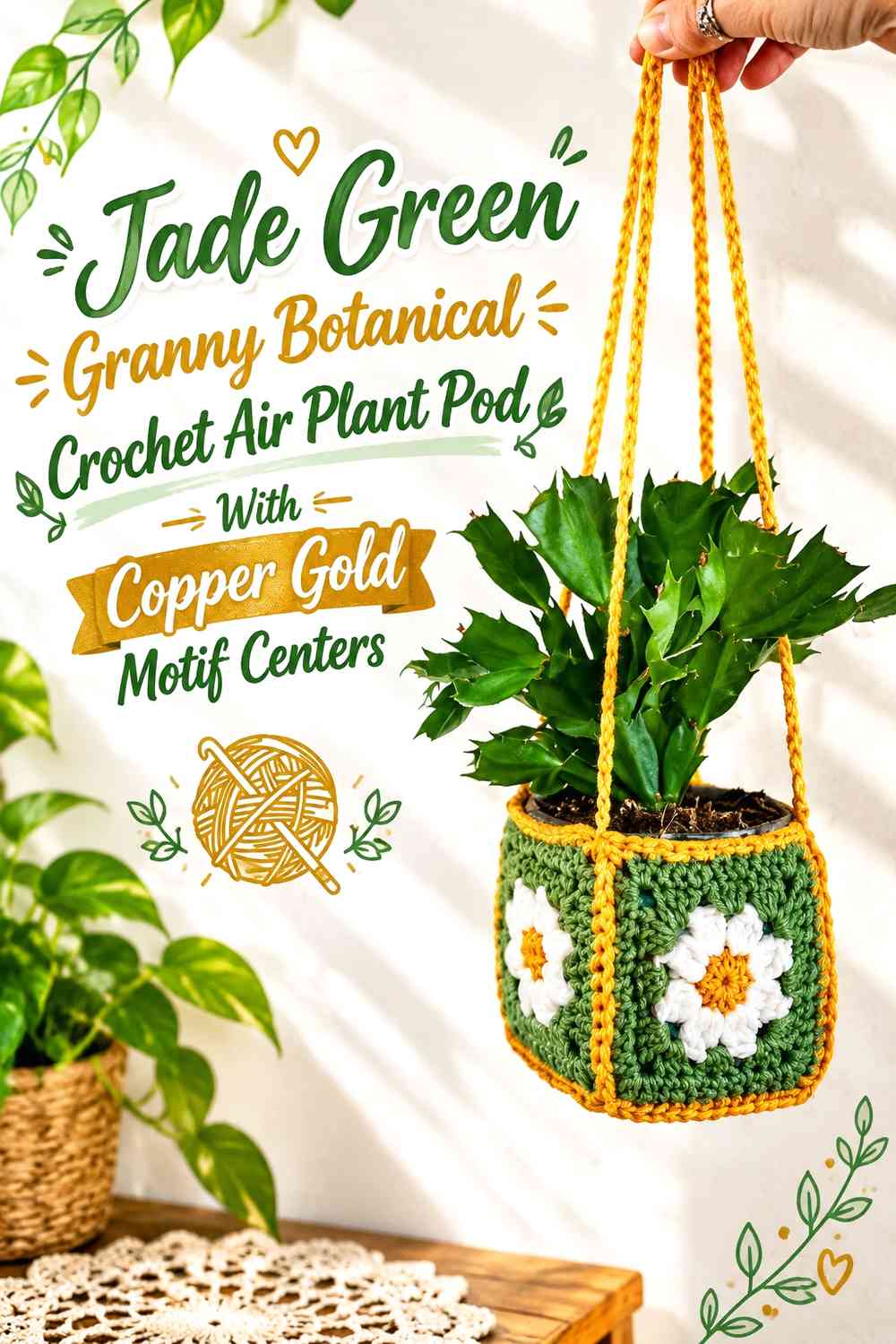 Jade Green Granny Botanical Crochet Air Plant Pod With Copper Gold Motif Centers