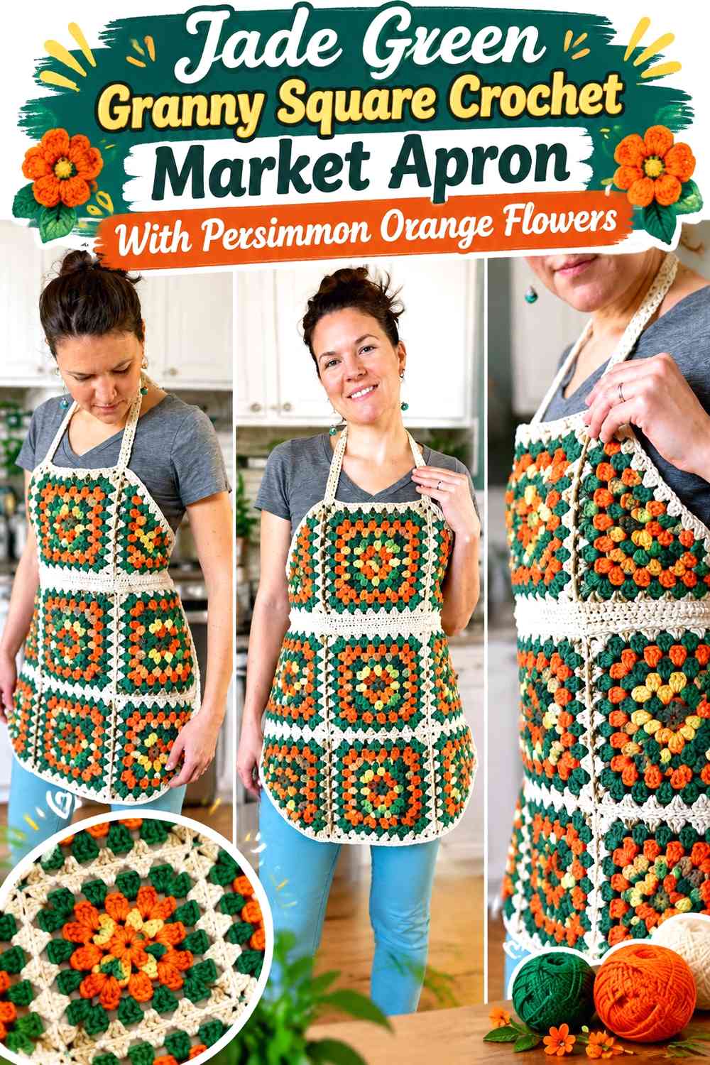 Jade Green Granny Square Crochet Market Apron With Persimmon Orange Flowers