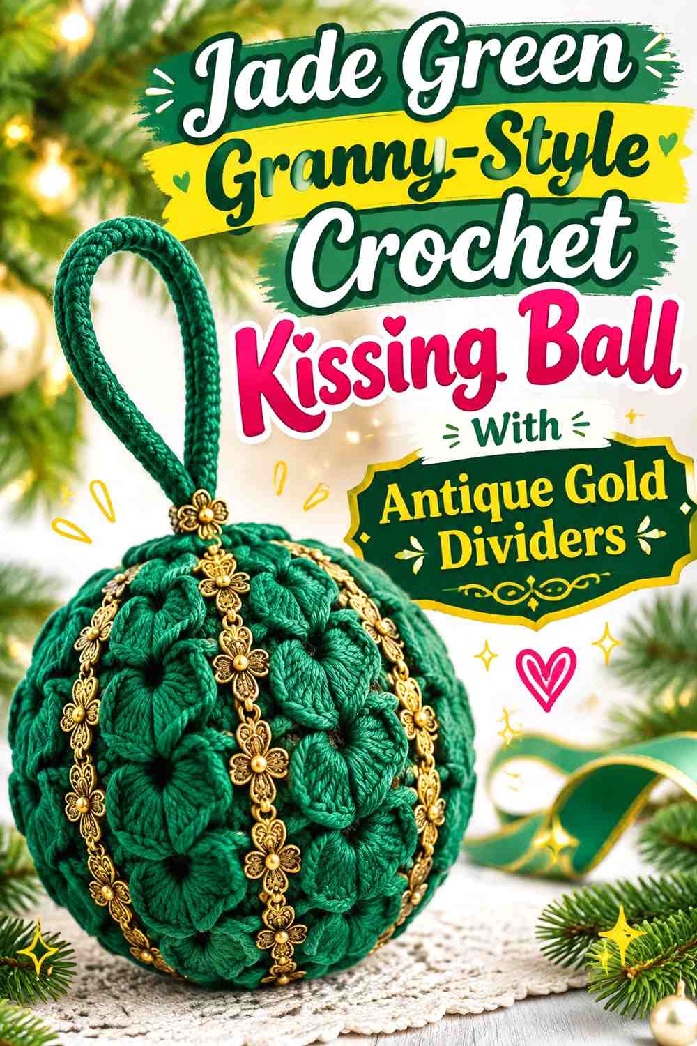Jade Green Granny-Style Crochet Kissing Ball With Antique Gold Dividers