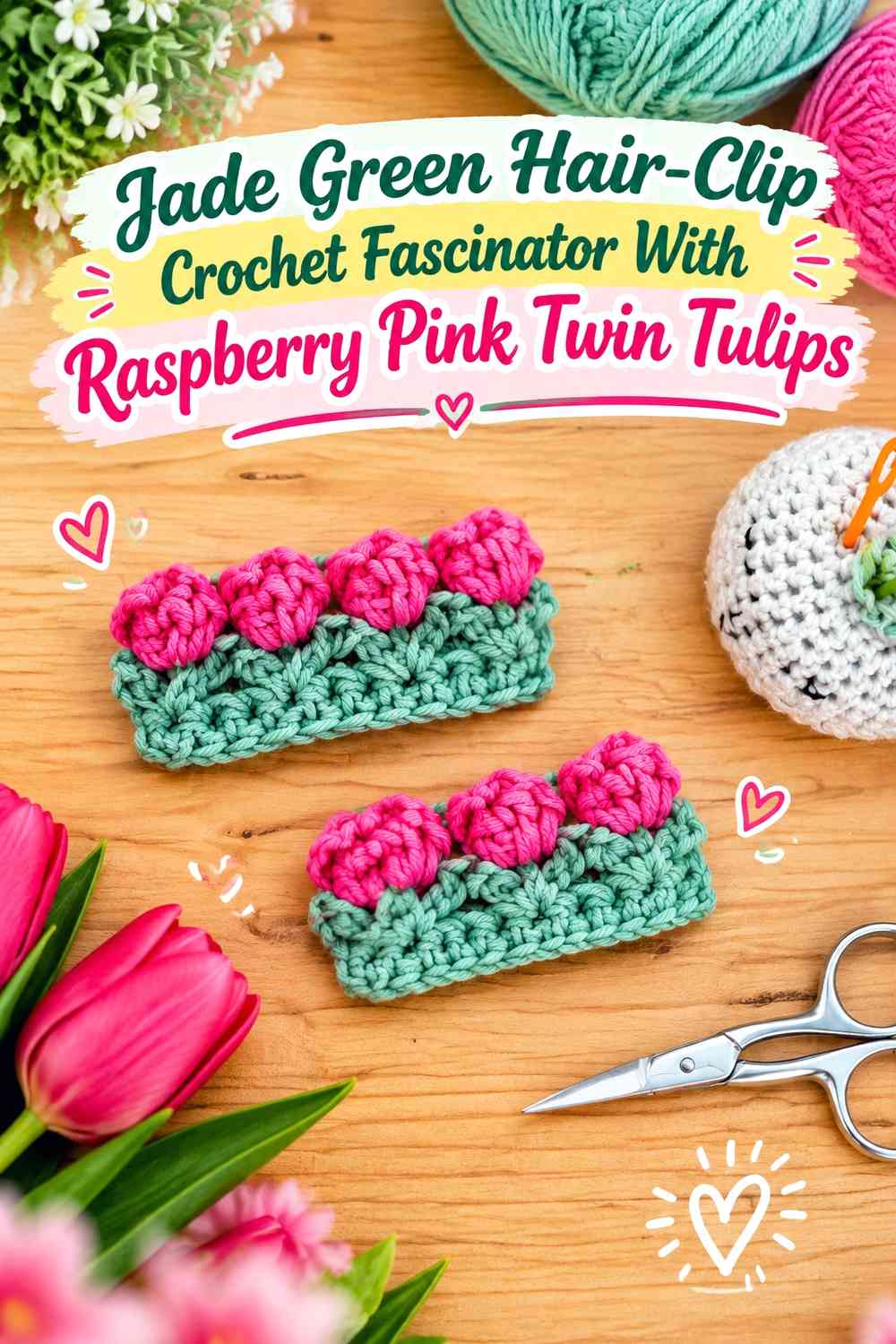 Jade Green Hair-Clip Crochet Fascinator With Raspberry Pink Twin Tulips