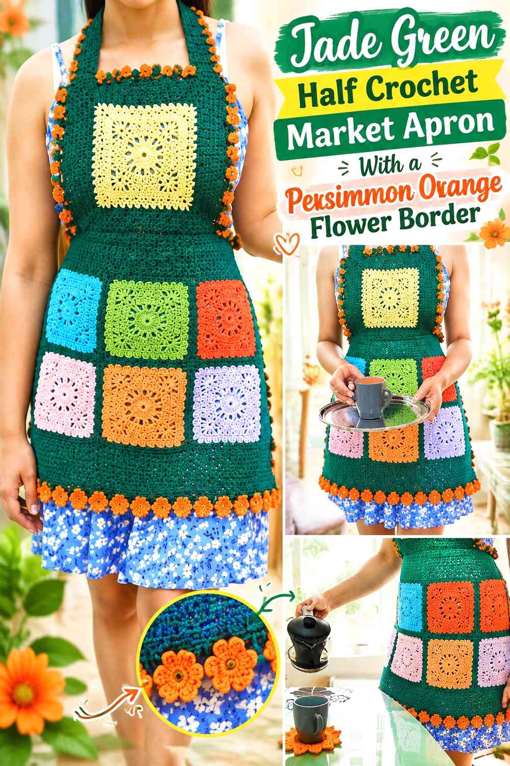 Jade Green Half Crochet Market Apron With a Persimmon Orange Flower Border
