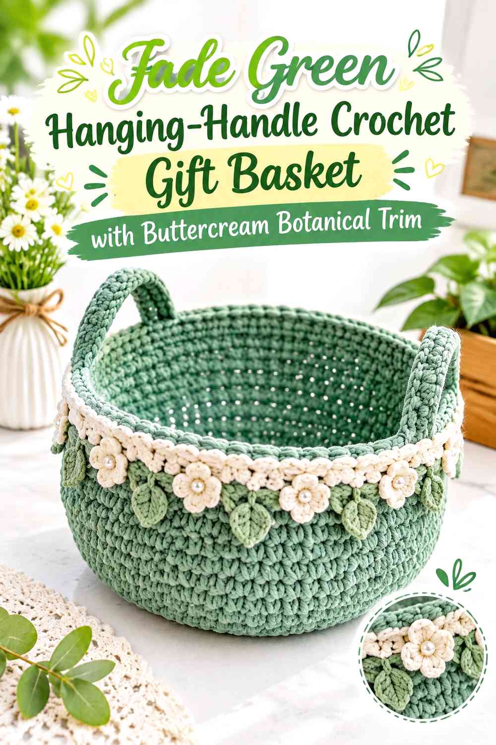 Jade Green Hanging-Handle Crochet Gift Basket with Buttercream Botanical Trim