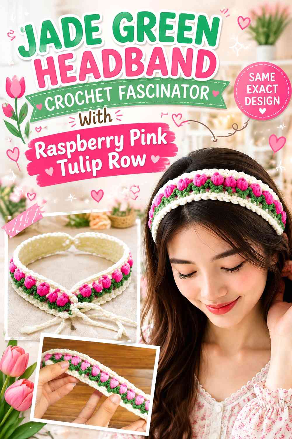 Jade Green Headband Crochet Fascinator With Raspberry Pink Tulip Row