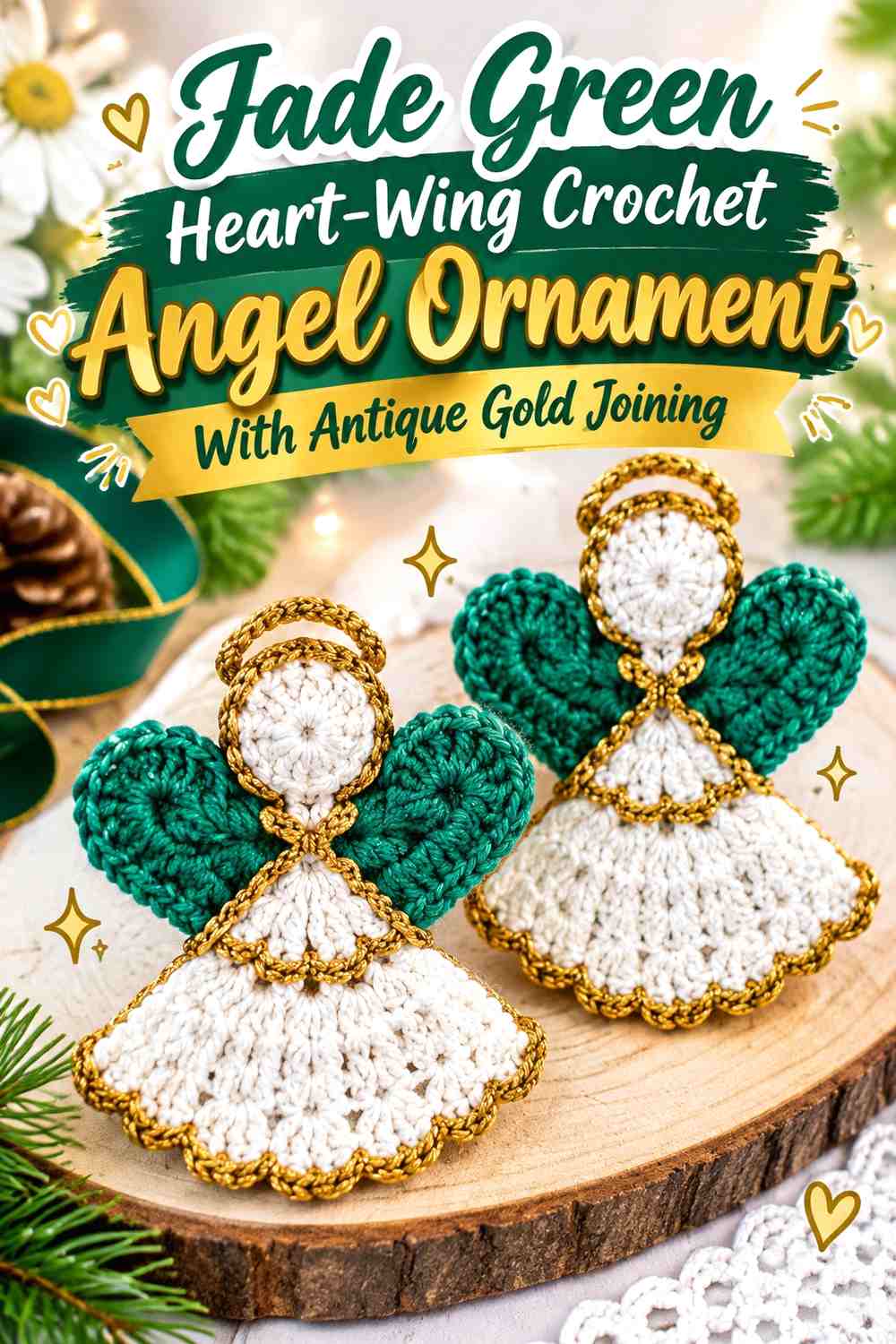 Jade Green Heart-Wing Crochet Angel Ornament With Antique Gold Joining