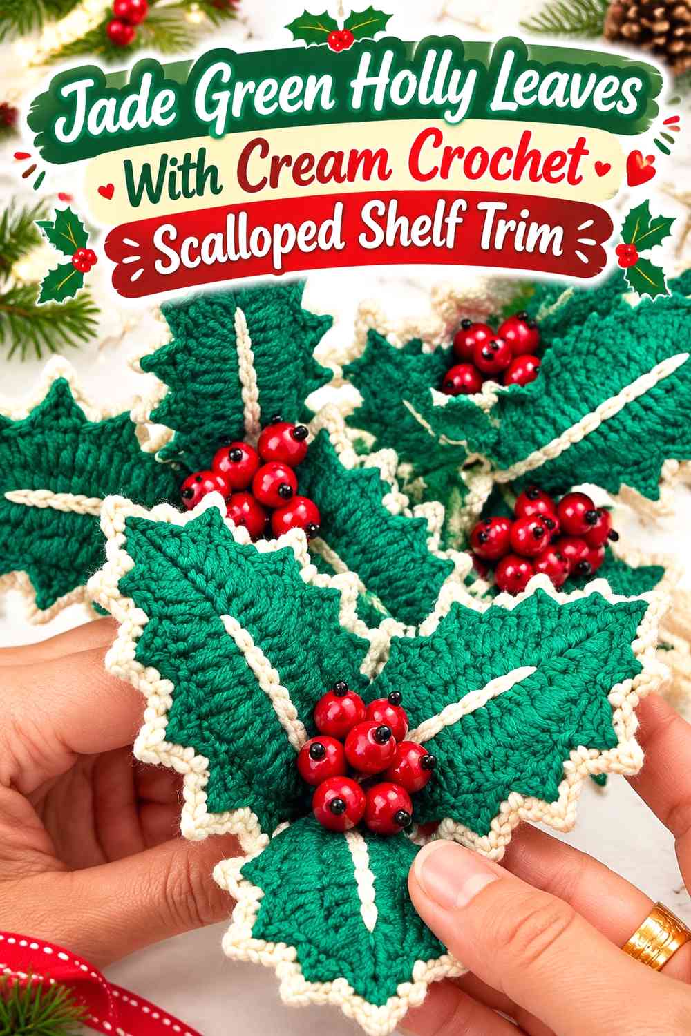 Jade Green Holly Leaves With Cream Crochet Scalloped Shelf Trim