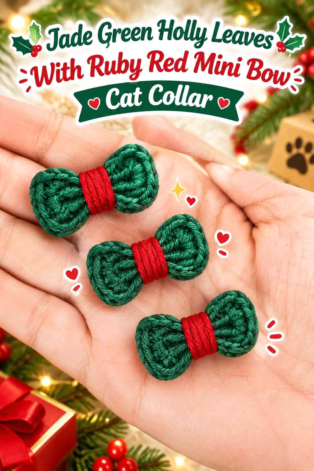 Jade Green Holly Leaves With Ruby Red Mini Bow Cat Collar