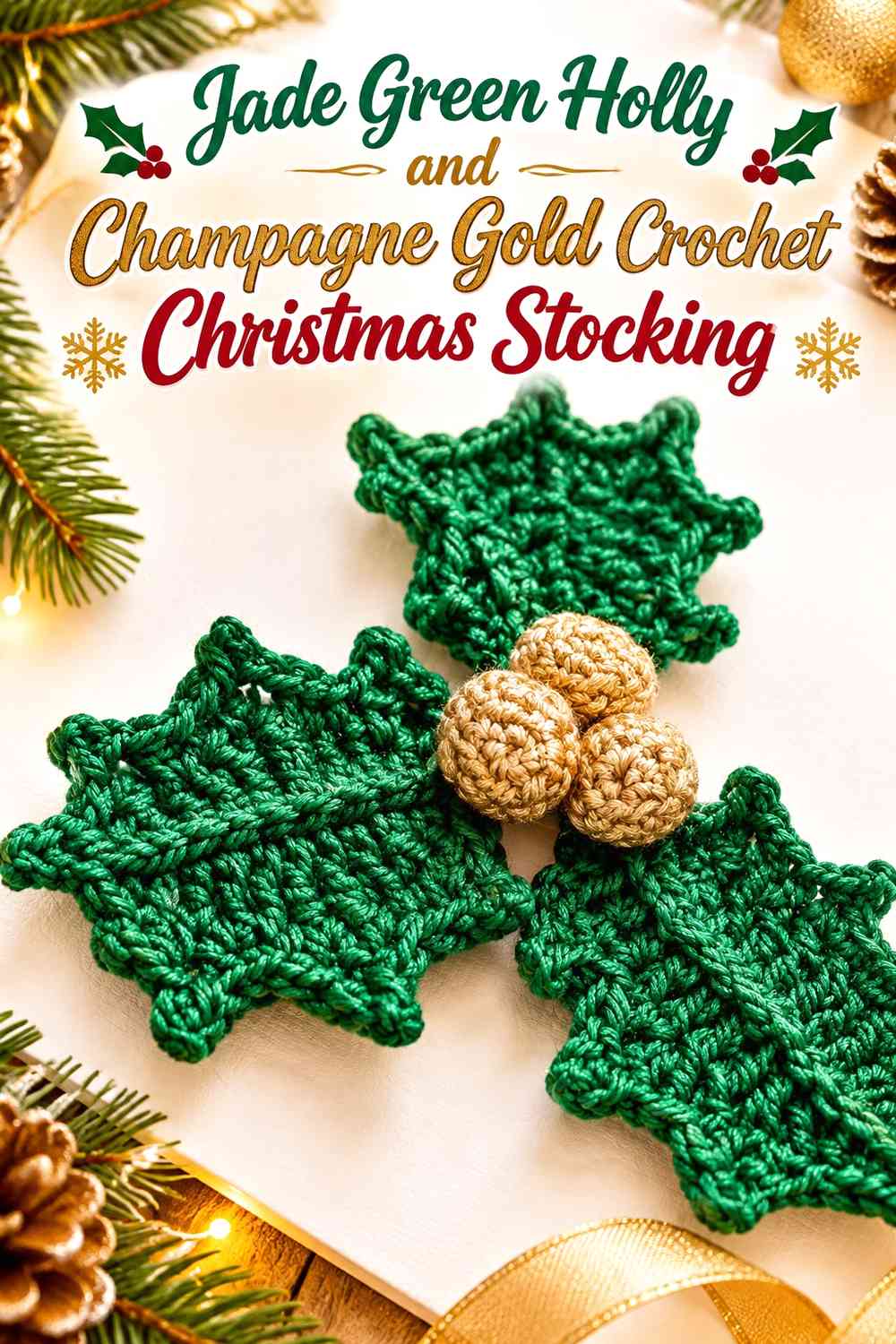 Jade Green Holly and Champagne Gold Crochet Christmas Stocking