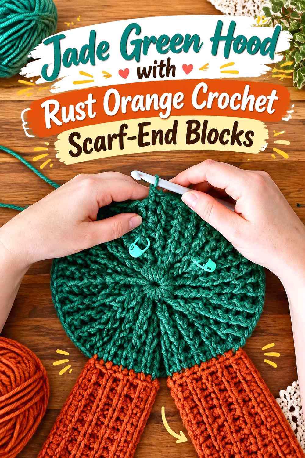 Jade Green Hood with Rust Orange Crochet Scarf-End Blocks