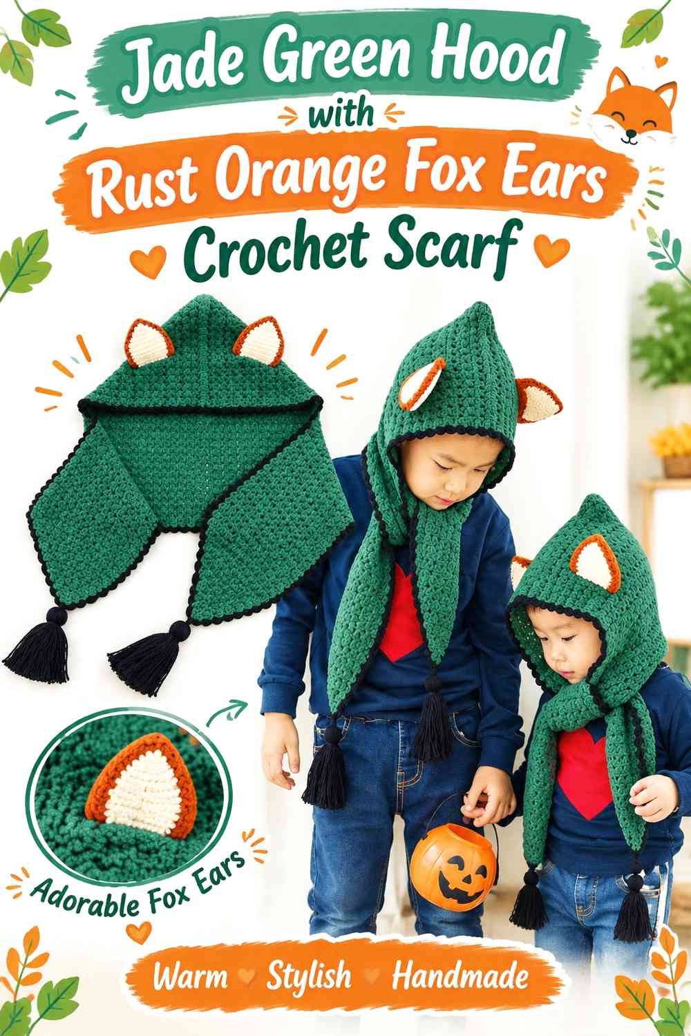 Jade Green Hood with Rust Orange Fox Ears Crochet Scarf
