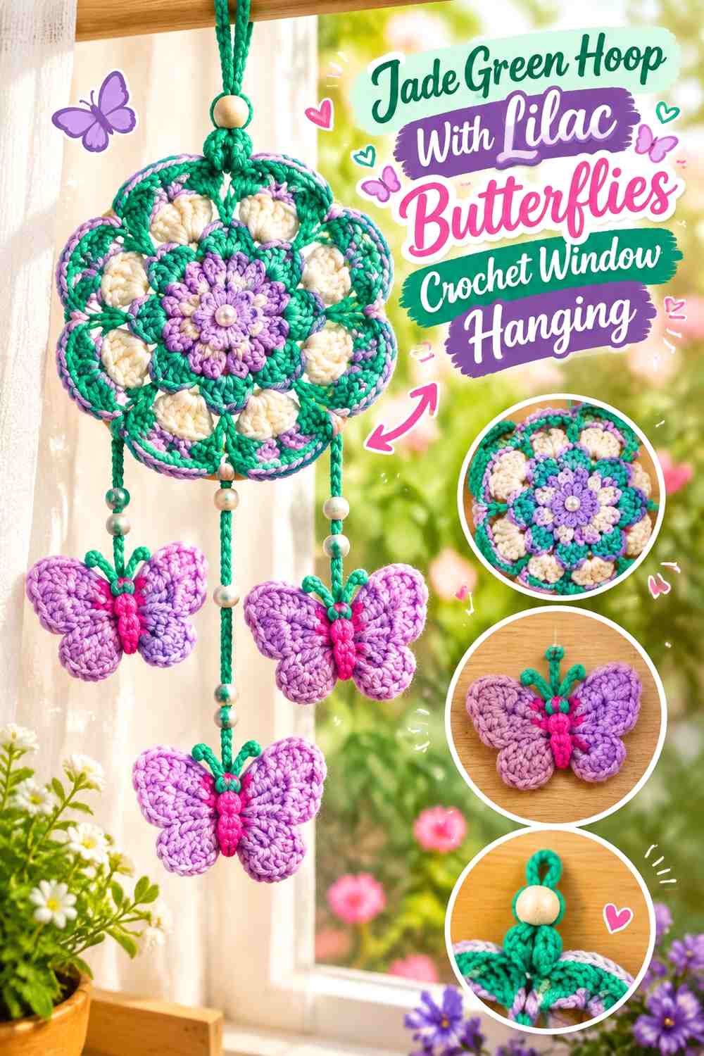 Jade Green Hoop With Lilac Butterflies Crochet Window Hanging