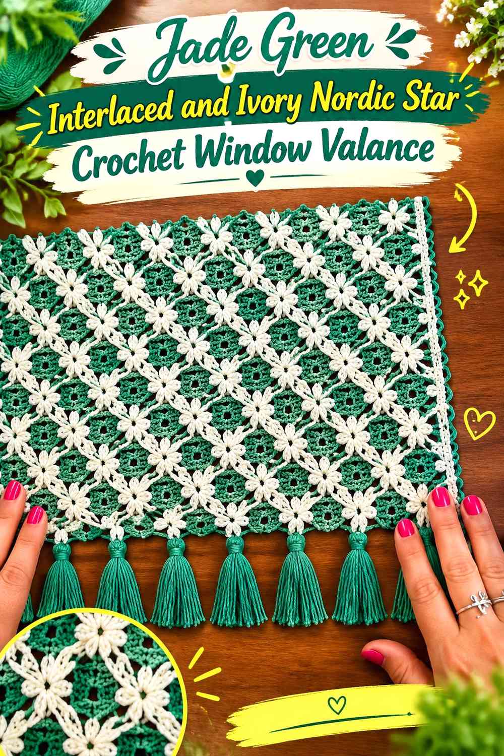 Jade Green Interlaced and Ivory Nordic Star Crochet Window Valance