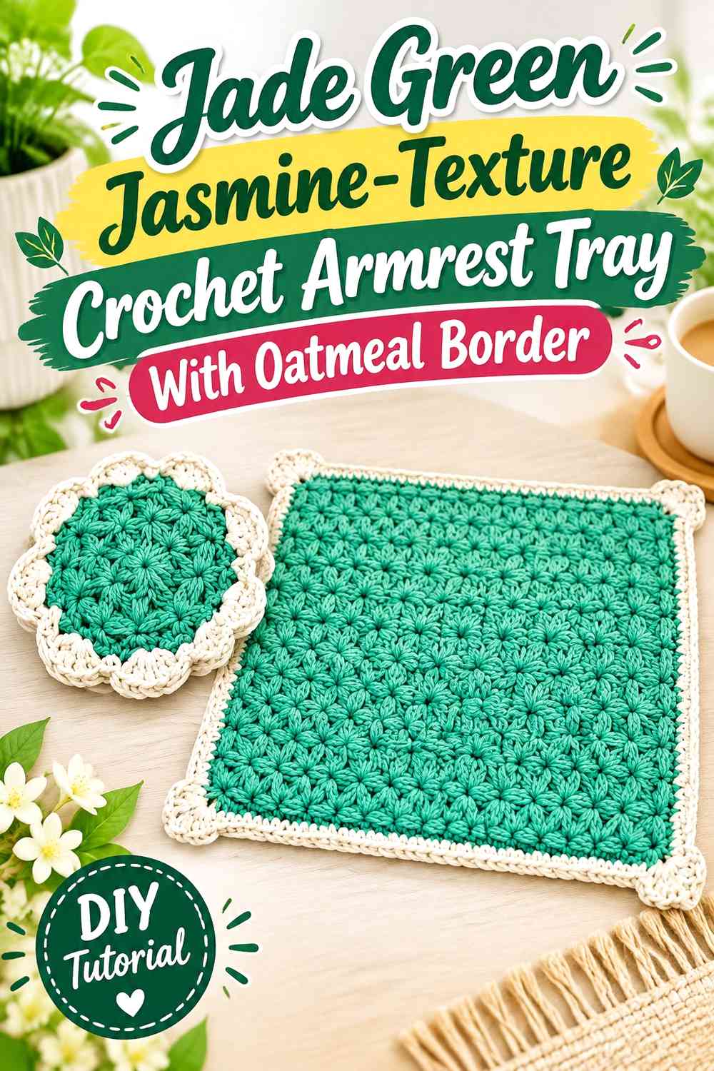 Jade Green Jasmine-Texture Crochet Armrest Tray With Oatmeal Border