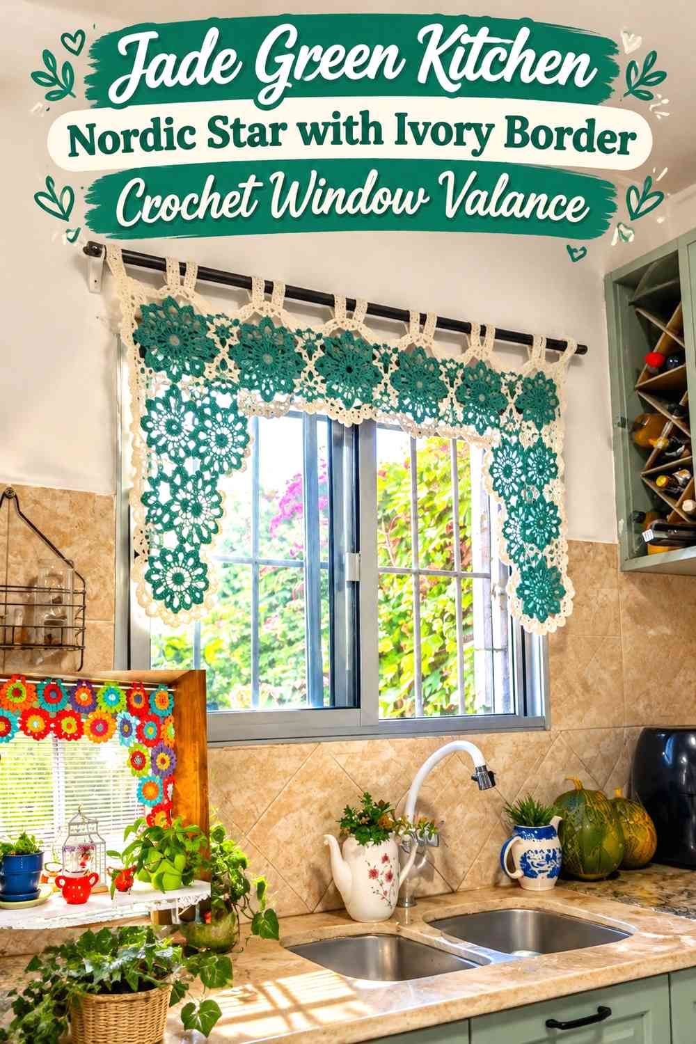 Jade Green Kitchen Nordic Star with Ivory Border Crochet Window Valance