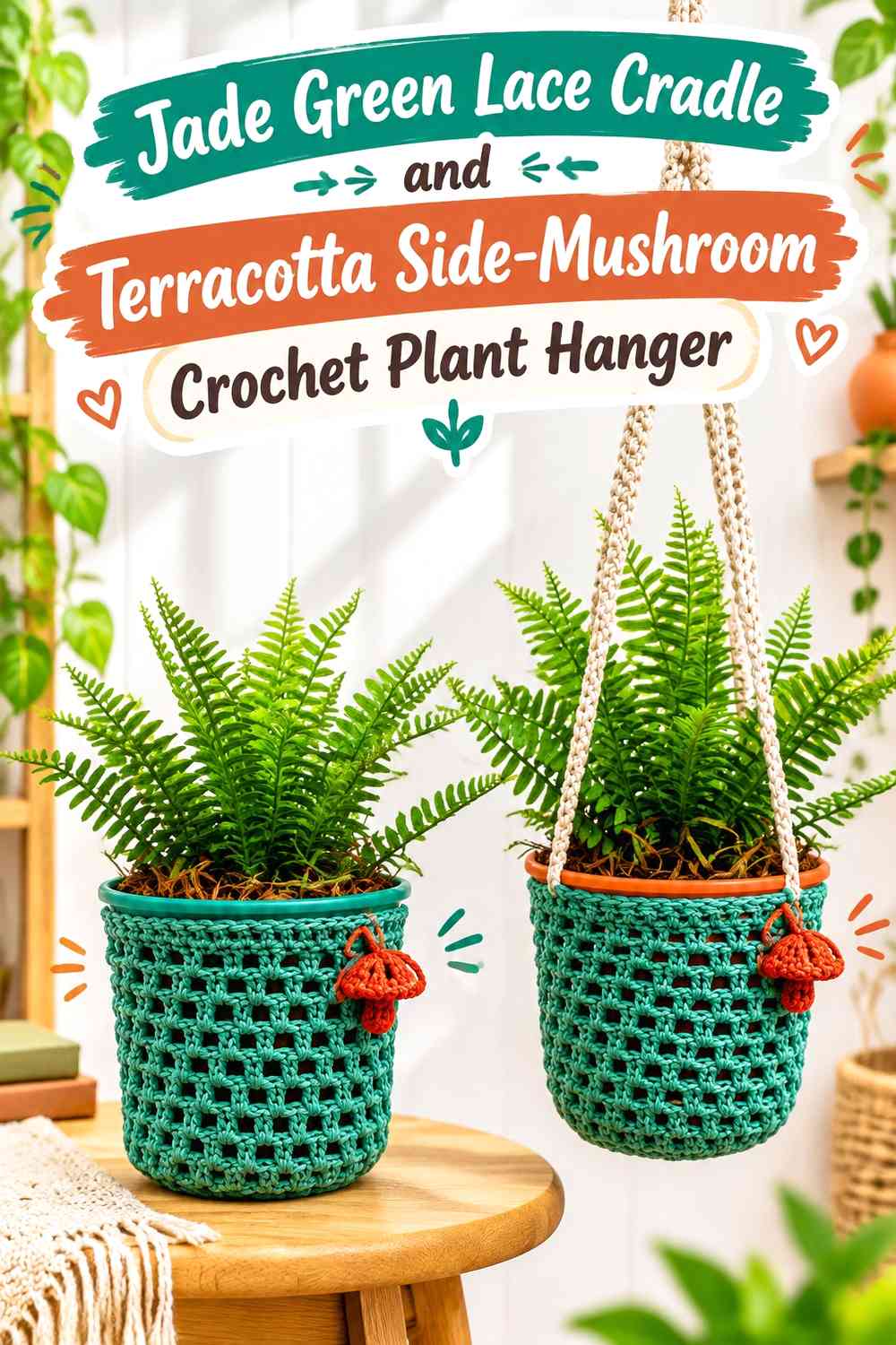 Jade Green Lace Cradle and Terracotta Side-Mushroom Crochet Plant Hanger