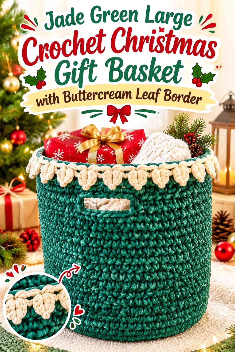 Jade Green Large Crochet Christmas Gift Basket with Buttercream Leaf Border