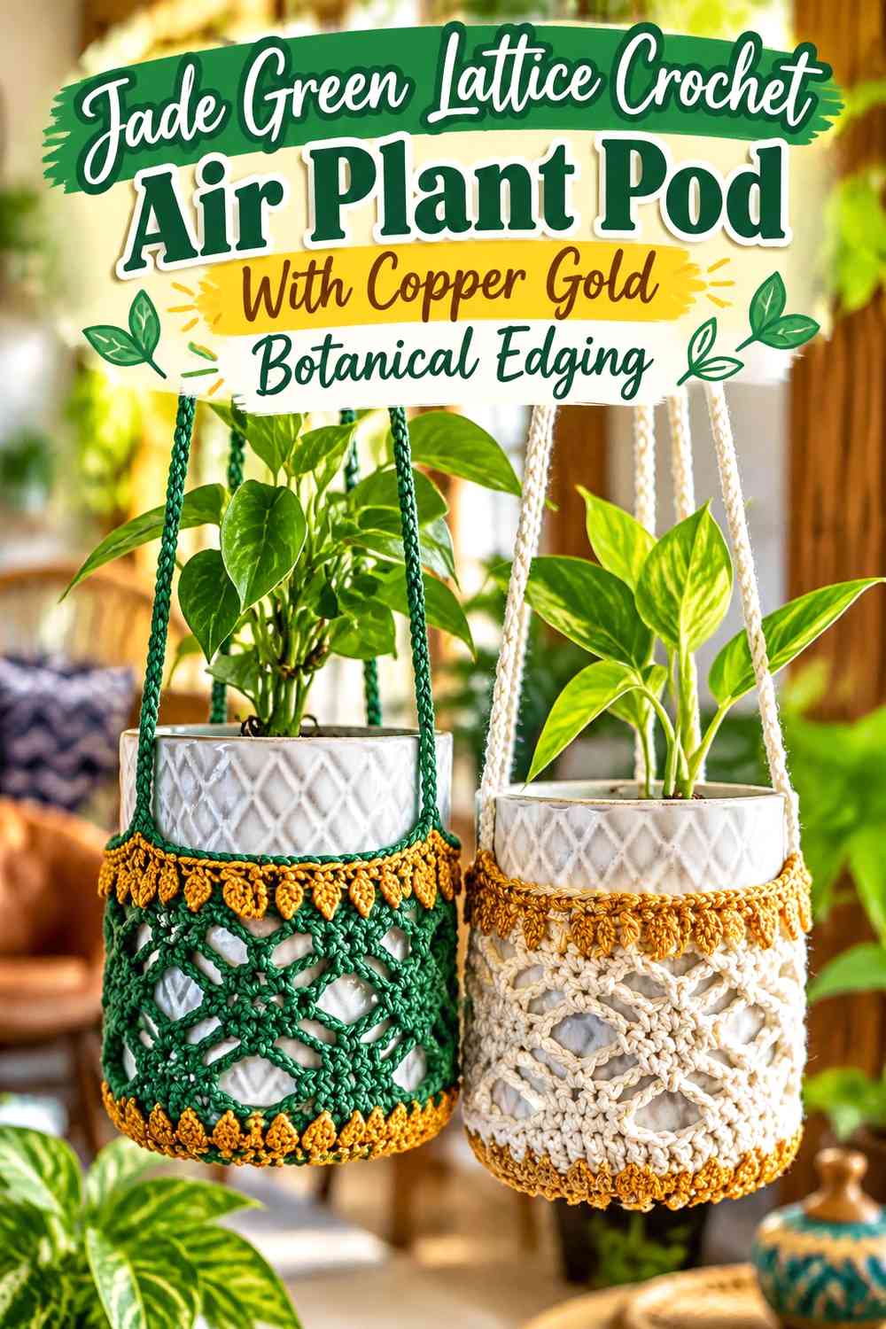 Jade Green Lattice Crochet Air Plant Pod With Copper Gold Botanical Edging