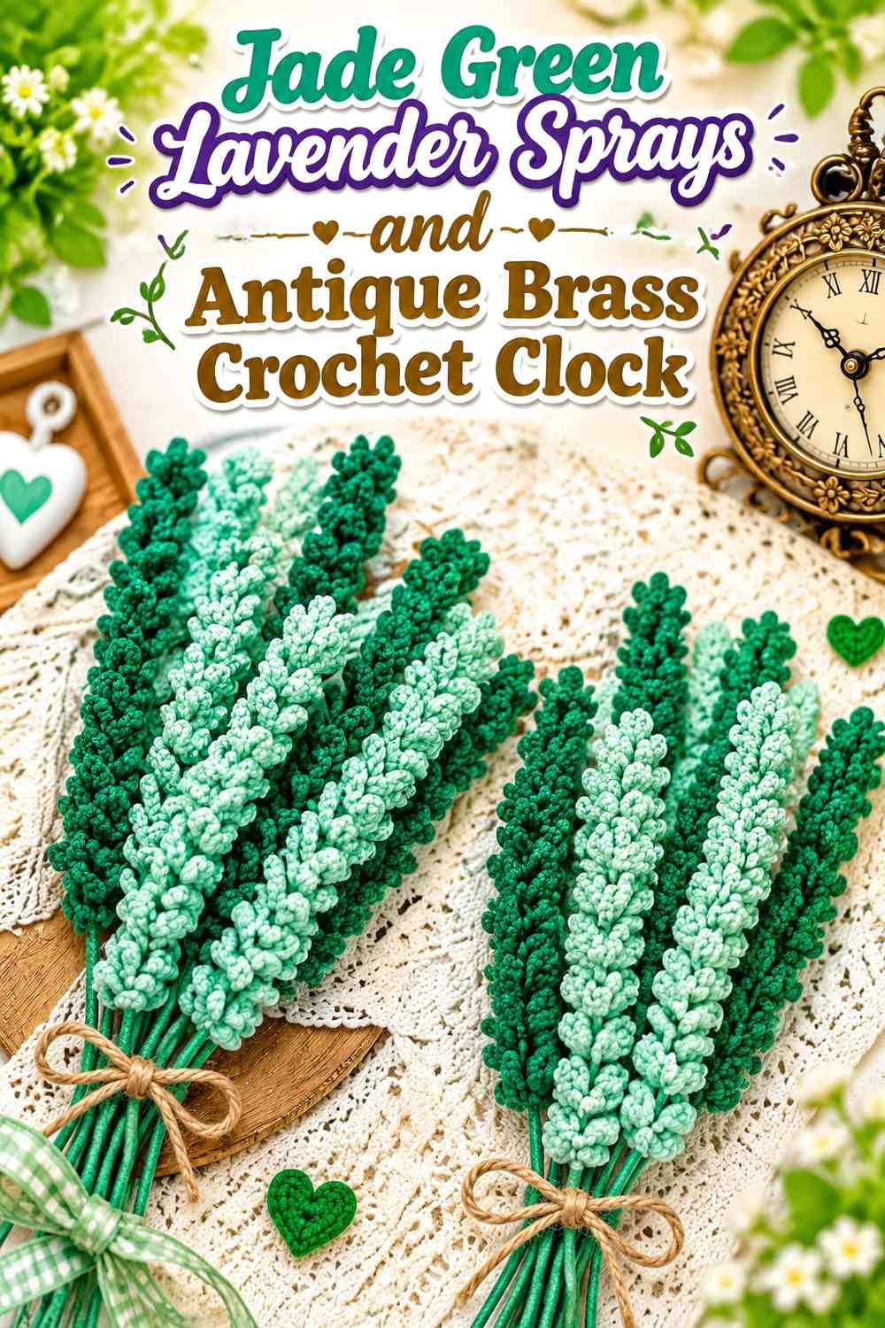 Jade Green Lavender Sprays and Antique Brass Crochet Clock