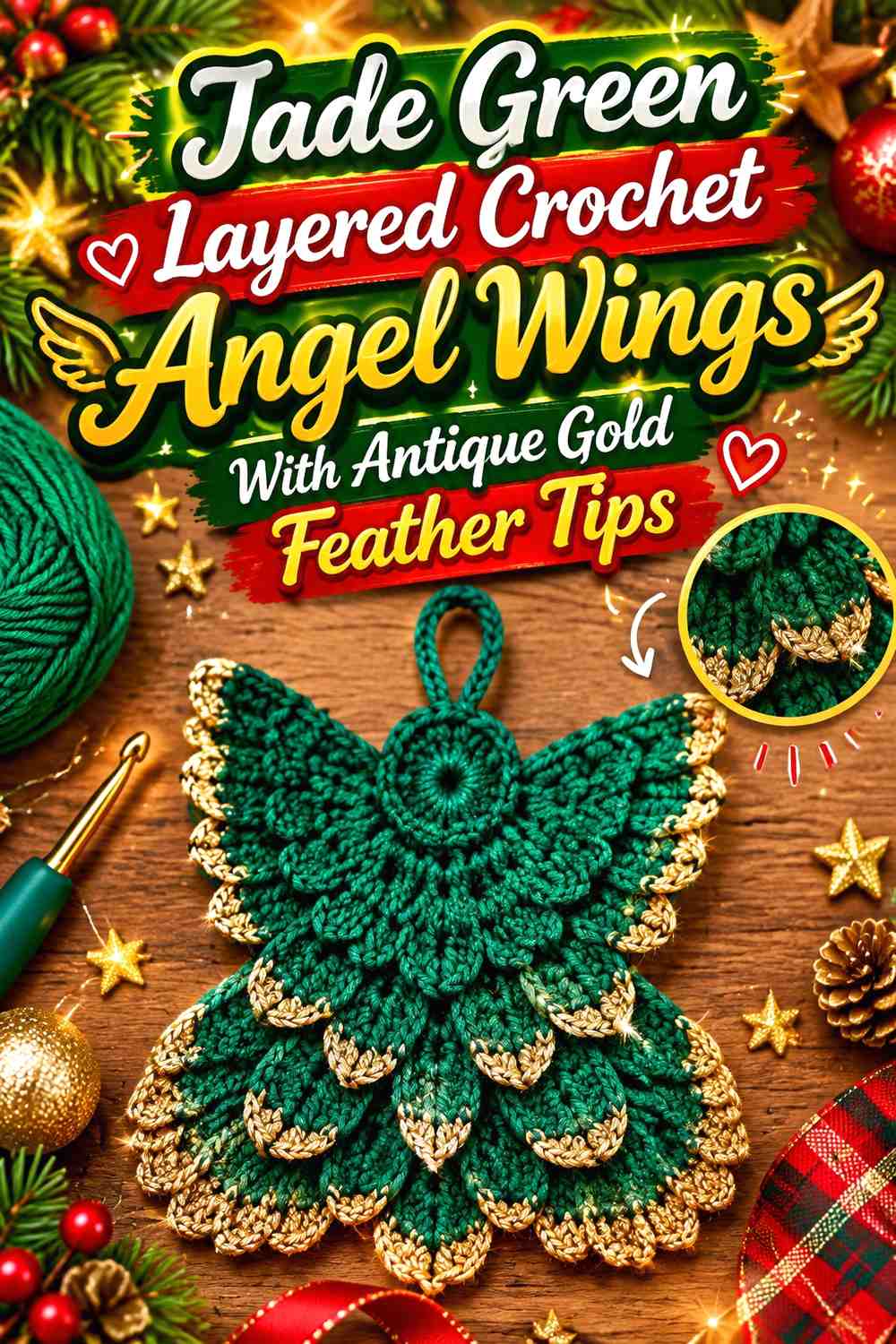 Jade Green Layered Crochet Angel Wings With Antique Gold Feather Tips