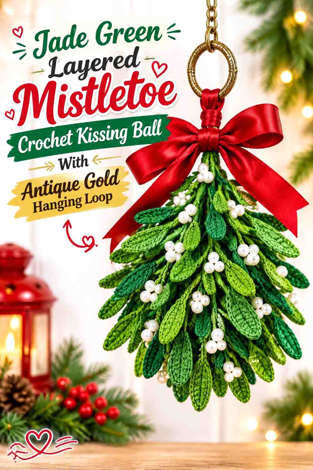 Jade Green Layered Mistletoe Crochet Kissing Ball With Antique Gold Hanging Loop