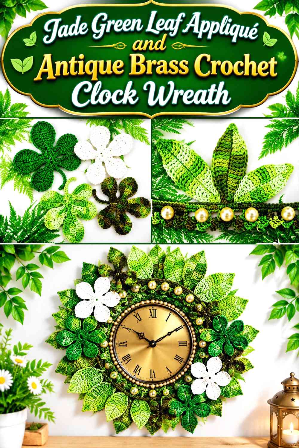 Jade Green Leaf Appliqué and Antique Brass Crochet Clock Wreath