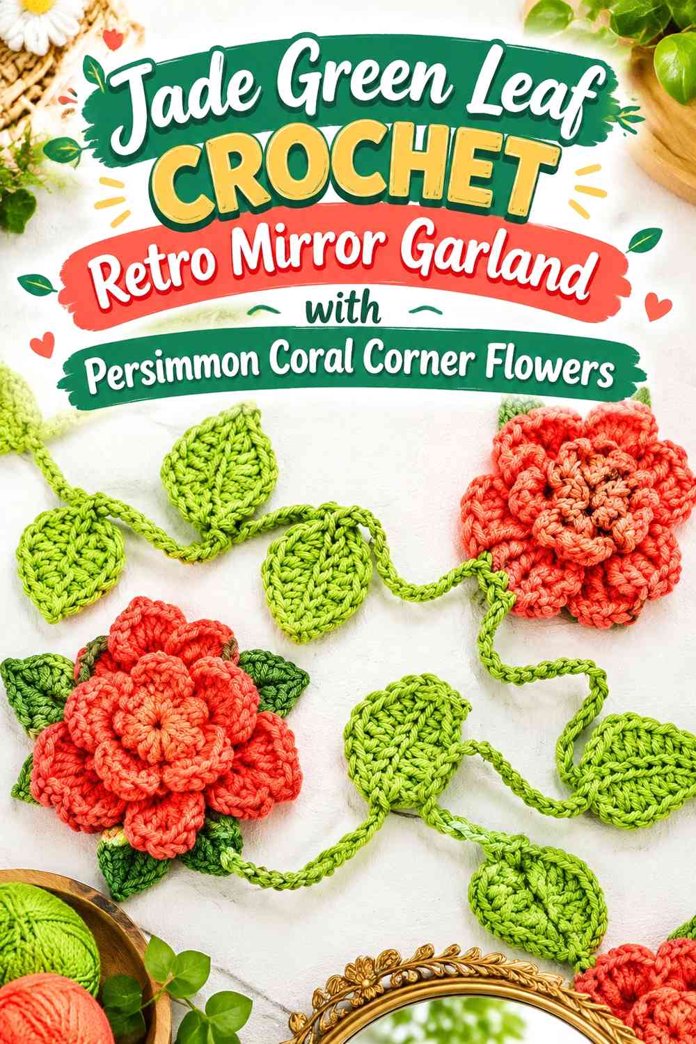 Jade Green Leaf Crochet Retro Mirror Garland with Persimmon Coral Corner Flowers