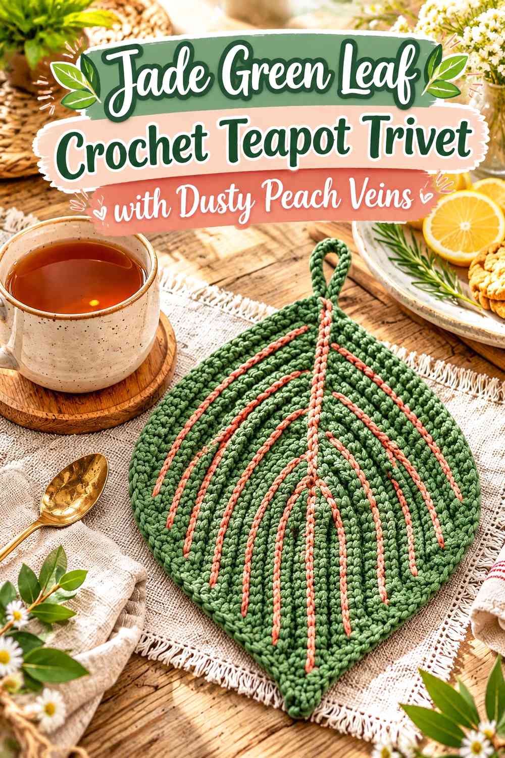 Jade Green Leaf Crochet Teapot Trivet with Dusty Peach Veins