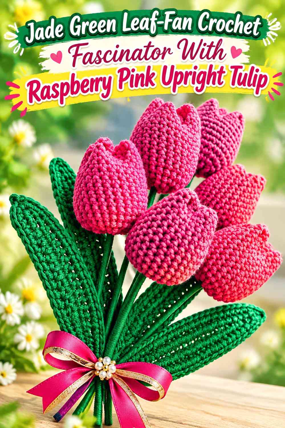 Jade Green Leaf-Fan Crochet Fascinator With Raspberry Pink Upright Tulip