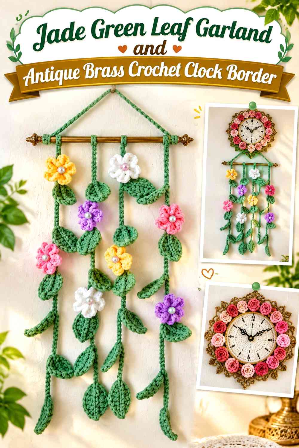 Jade Green Leaf Garland and Antique Brass Crochet Clock Border