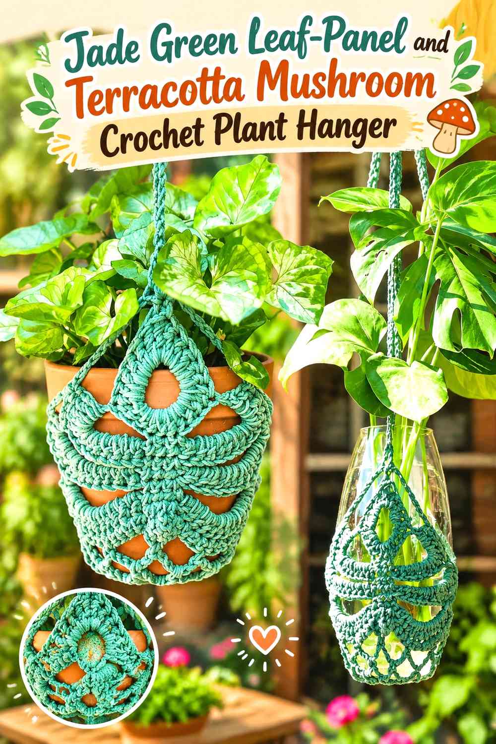 Jade Green Leaf-Panel and Terracotta Mushroom Crochet Plant Hanger