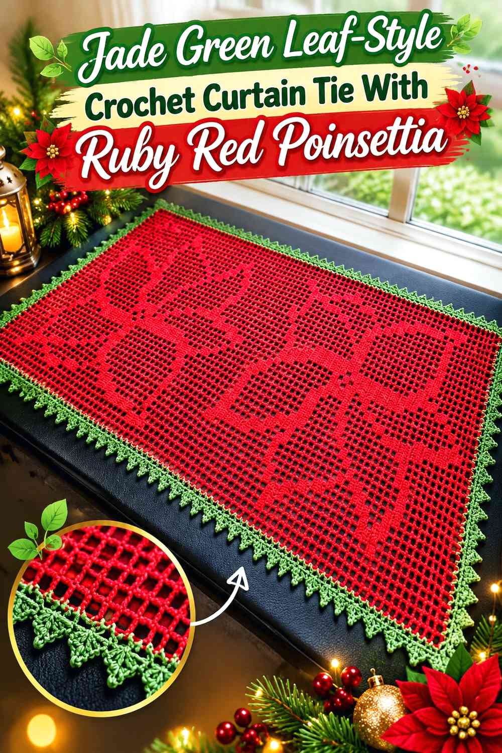 Jade Green Leaf-Style Crochet Curtain Tie With Ruby Red Poinsettia