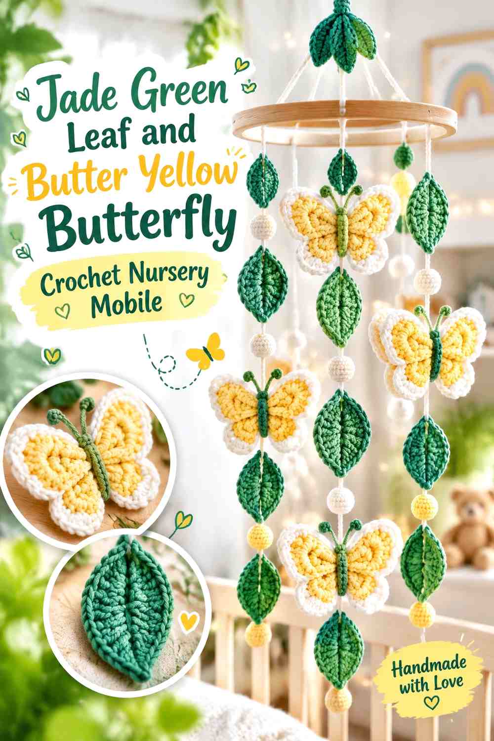 Jade Green Leaf and Butter Yellow Butterfly Crochet Nursery Mobile
