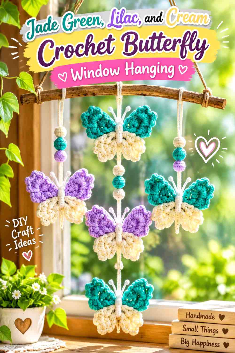 Jade Green, Lilac, and Cream Crochet Butterfly Window Hanging